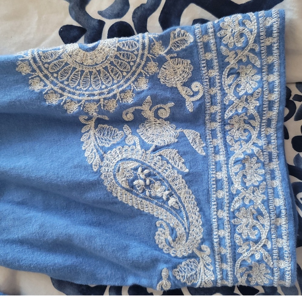 J Jill Blue Embroidered Long Sleeve Top Women's Size XS Boho Coastal Grandma